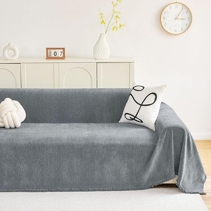 hyha Couch Cover for Dogs, Boho Sofa Covers for 3 Cushion Couch Washable, Chenille Sofa Slipcover for Pets, Soft Loveseat Sectional Couch Throw Blankets with Tassels (Grey, 88.5x118 Inch)