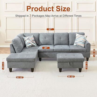 Osparple L Shaped Couch Sectional Couches for Living Room Upholstered Fluffy Fabric 3 Pieces Modular Sectional Sofa with Chaise, Ottoman with Storage for Living Room and Small Apartment, Dark Grey