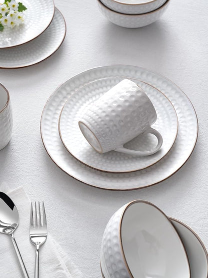 Famiware Eden Plates and Bowls Sets, Stoneware Dinnerware Sets with Gold Trim, 18 Pieces Dishes Set for 6 - Chip and Scratch Resistant, Microwave and Dishwasher Safe, White Circle