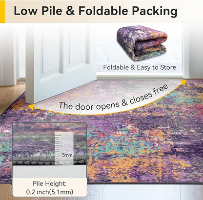 Washable Area Rugs 8ft Non-Slip Modern Abstract Soft for Living Room Entryway Bedroom Nursery, Print Pattern, Purple Orange Blue Green Rust Red Colorful