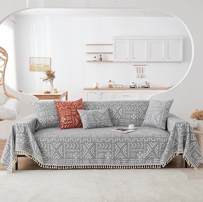 HANDONTIME Bohemian Grey and White Couch Cover for Dogs Aztec Tribal Sofa Covers 3 Cushion Aesthetic Tassel Slipcover Seat Universal Loverseat Futon Cover, 71/'' X118/'', Tassel 2:grey/White