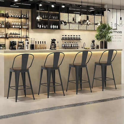 30” Swivel Bar Stools Set of 4, Counter Height Bar Stools Wooden Seat, Metal Industrial Bar Chairs with High Back for Kitchen Island (Black)