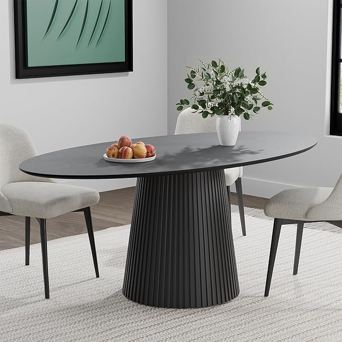 Casaphoria 67" Oval Dining Table, Modern Wood Kitchen Table with Cone Shaped Stripe Base for Living Room & Dining Room, Easy Assembly Farmhouse Furniture for 4-6, Black