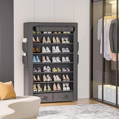 Shoe Rack Storage Cabinet 32 Pairs Organizer Shelf Tall for Shoes Large Free Standing Racks Vertical Shoe Holder Stand with Cover Two Boxes Closet