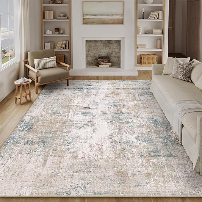 8x10 Washable Area Rug Beige Blue Neutral Abstract Living Room Bedroom Large Throw Rug Non Slip Soft Low Pile Indoor Floor Carpet for Dining Room Kitchen Office Entryway