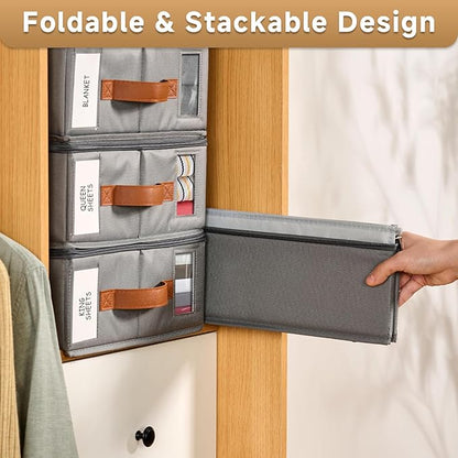 4pack Bed Sheet Organizer, Foldable Linen Closet Organizers and Storage with Sealed Design, Queen & King Size Sheet Storage with Window, Closet Organizer for Bedsheets/Blankets/Clothes, Grey
