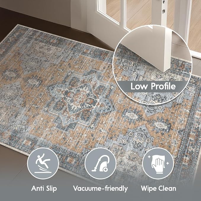 Muddy Mat짰 Coral 2x10 Washable Area Rugs for Living Room, Bedroom & Dining Room ??Modern Soft Low Pile Non Slip Carpet ??Pet Friendly Waterproof Foldable Rugs for Home