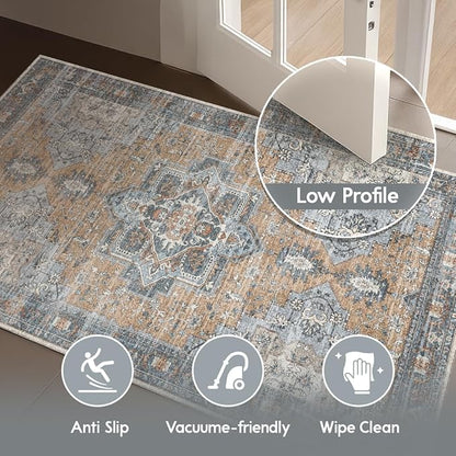 Muddy Mat짰 Coral 2x10 Washable Area Rugs for Living Room, Bedroom & Dining Room ??Modern Soft Low Pile Non Slip Carpet ??Pet Friendly Waterproof Foldable Rugs for Home