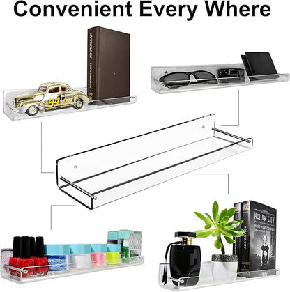 AMT 3 Pack Acrylic Floating Shelves, 15" L x 3.25" W, Clear Bathroom Wall Shelf, Bookshelves, Invisible Display for Office, Bedroom, Small Gap Allows Water to Escape, Free Screws & Drill Bit (Medium)