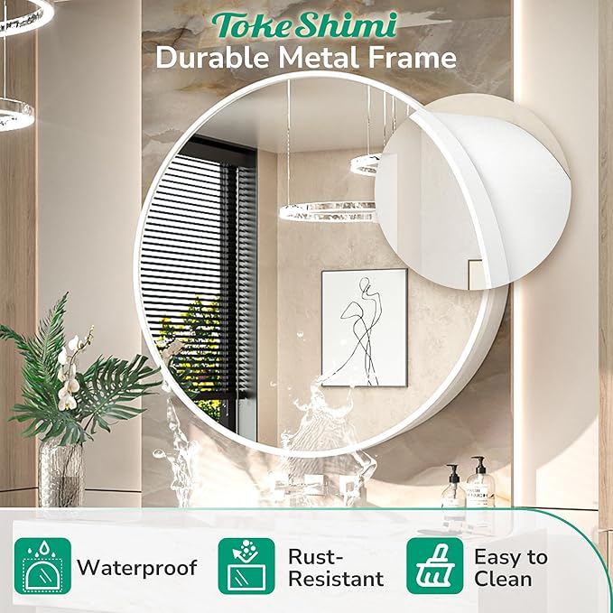 TokeShimi 26 Inch Round White Medicine Cabinet for Bathroom with Mirror Metal Framed Mirrored Bathroom Cabinet Surface Mount Only Removeable Shelves Modern Farmhouse Circle Vanity Mirror with Storage