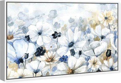 The Oliver Gal Artist Co. Floral and Botanical Wall Art Framed Canvas Prints 'Fields Flowers Home Décor, 45" x 30", Blue, White