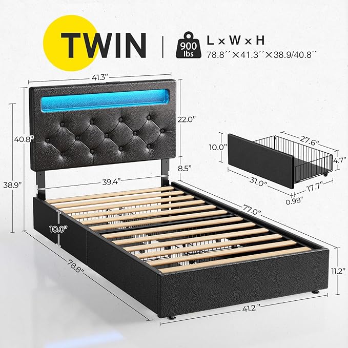 Rolanstar Twin Bed Frame with 4 Storage Drawers and Charging Station,Twin Bed with Led Lights, 2 USB & 1 Type C, Adjustable Headboard 38.9/40.8 Inches, No Box Spring Needed, Black