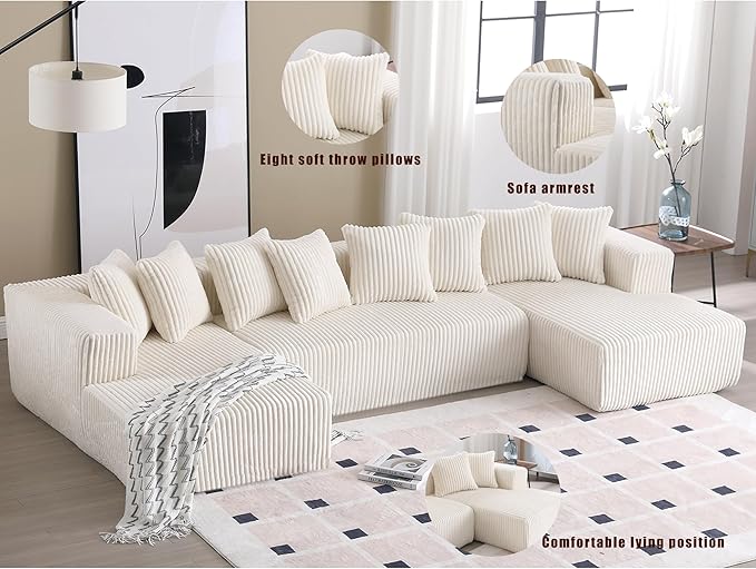 Free Combination Cloud Boneless Modular Sectional Sofa with Chaise Lounge,Modern Minimalist Upholstered Couches, Oversized U Shaped Lounge Sofa Couch w/ 8 Pillows
