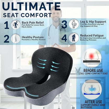 Casimer Ergonomic Seat Cushion for Truck Drivers, Office Chairs, Car Seats Memory Foam Chair Pad for Back Pain, Non-Slip, Long Sitting Support, Car Seat, Desk Chair Use (Gray)