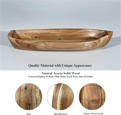 Lucky Boat Serving Tray, Acacia Solid Wood Boat Shape Plate for Serving Desserts, Fruit, Snack and Seafood or House Ornament,Key Tray,Functional and Storage Decorative Bowl。 (L)