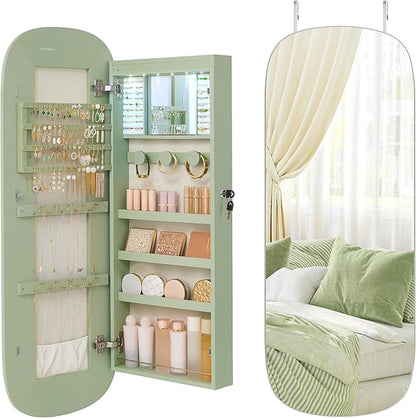 SONGMICS Jewelry Organizer, LED Jewelry Cabinet Wall/Door Mounted, Lockable Rounded Wide Mirror with Storage, Interior Mirror, 3.9 x 16.5 x 42.5 Inches, Laurel Green Surface with Cream White Lining