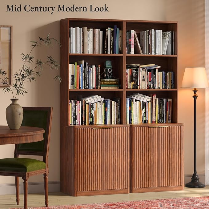 71" Walnut Bookcase with Doors, 5 Tier Fluted Tall Bookshelf with Storage, Librero with Cabinet for Home Office, Living Room,or Bedroom