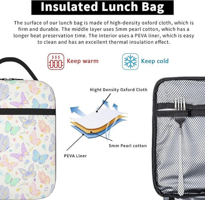 Watercolor Butterflies Insulated Lunch Bag,Kids Lunch Box For Girls Boys Teen,Kid Lunch Box Cooler Bag With Front Pocket For Women Men,Reusable Lunch Tote Bag Lunchbox For School/Work/Picnic/Office