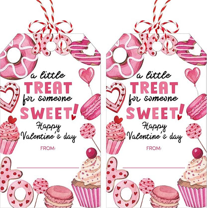 Valentines Day Gift Sticker Tags - 50Pcs A Little Treat Happy Valentine Tags with String, Gift Label Idea Valentines Activity School Classroom Party Favors-Pink