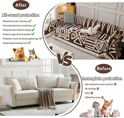 HANDONTIME Chocolate Boho Couch Cover Reversible Sofa Covers for 3 Cushion Couch Washable Couch Sofa Cover for Dogs Dark Couches Covers Chenille Couch Protector Couch Covers for Sofa, 59" X71"