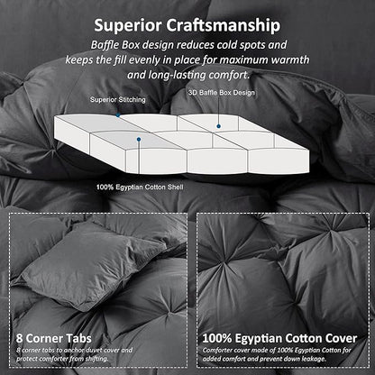 Luxurious Heavyweight Goose Down Feather Fiber Comforter Duvet Insert, Exquisite Gray Pinch Pleat Design, Oversize Palatial King 120 x 98, Premium Baffle Box 100% Egyptian Cotton, 95 oz Fill Weight