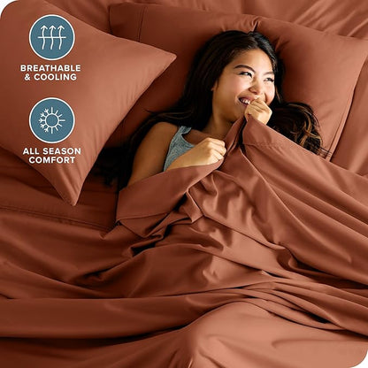 Bare Home Queen Sheet Set - Luxury 1800 Ultra-Soft Microfiber Bed Sheets - Double Brushed - Deep Pockets - Easy Fit - 4 Piece Set - Bedding Sheets & Pillowcases (Queen, Terracotta)