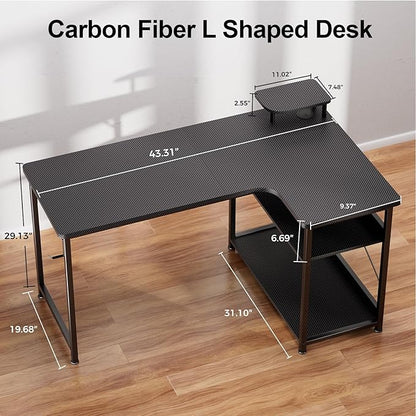 GTPLAYER L Shaped Gaming Desk, Carbon Fiber Style Computer Desk with Monitor Shelf and Hook, Black Small L Shape Desk with Adjustable Open Storage Shelf, Corner PC Table for Small Space Home Office