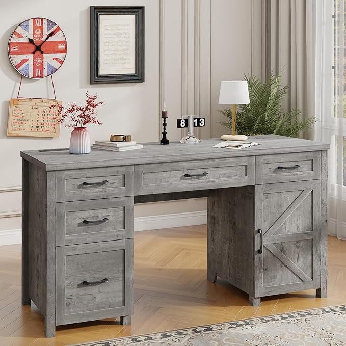 Farmhouse 61'' Executive Desk with 5 Drawers, Rustic Office Desk Computer Desk with Charging Station, File Drawers and Storage Cabinet, Wood Workstation for Study and Home Office,(Grey)