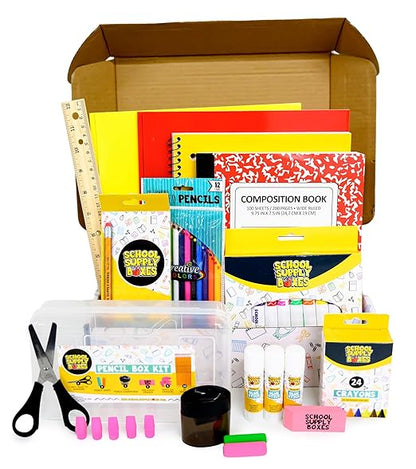 Back to School Supply Box (Case - 4 Boxes) - Grades K-5 Back to School Supplies - 32 Piece Kit Includes Markers, Crayons, Pencils, Scissors, Folders, Glue Sticks, Notebook, and Composition Book