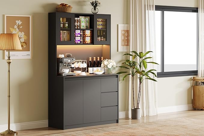 Garvee Kitchen Pantry Cabinet,71" Tall Storage Cabinet with Doors and Shelves Adjustable, Kitchen Storage Hutch with Microwave Shelf, Led Lights and Charging Station,Corner Pantry Cabinet, Black