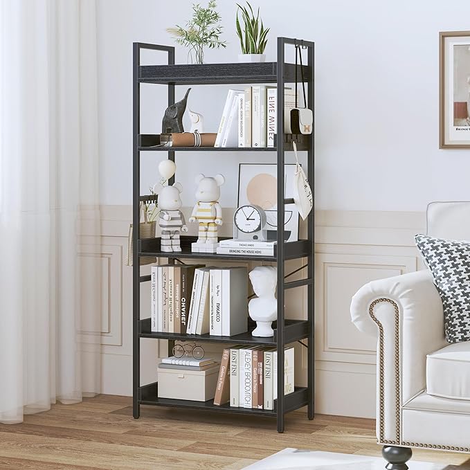 HCHQHS 5 Tier Bookshelf, Adjustable Industrial Bookcase, Vertical Tall Book Shelf, Wood and Black Metal Open Bookshelves for Home Office, Living Room, Bedroom