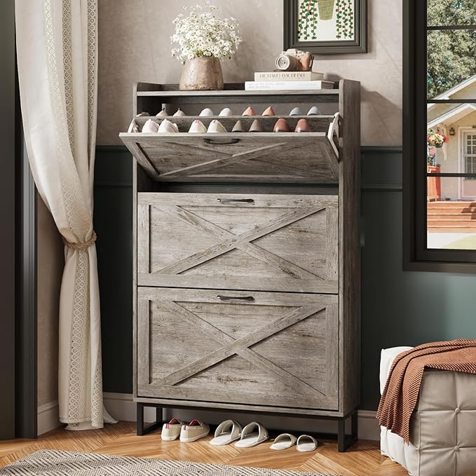 Maupvit Shoe Storage Cabinet with 3 Flip Drawers, Freestanding Organizer with Metal Legs for Entryway, Narrow Shoe Rack Cabinet, Light Rustic Oak