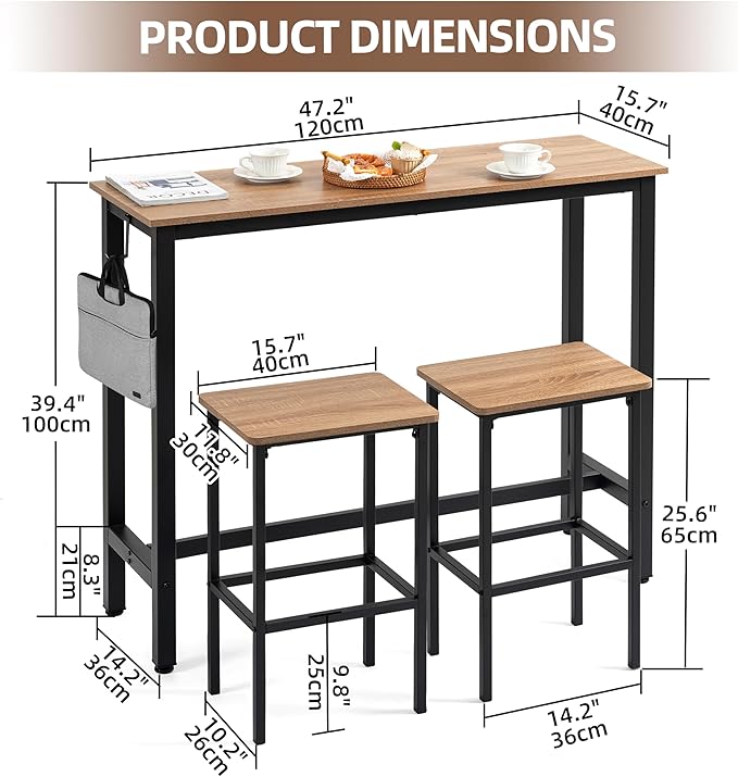 Finnhomy 47" Industrial Bar Table Set with 2 Stools - Counter Height Dining & Pub Table for Small Spaces, Kitchen, Apartment, Breakfast Nook - Metal & Wood, Space-Saving Furniture - Greige