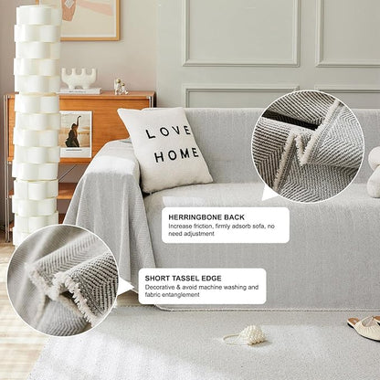 STACYPIK Soft Silver Gray Sofa Cover, Herringbone Couch Cover for Sectional, Pet Friendly Couch Protector for 3 Cushion Couch, Washable Chenille Sofa Covers for L-Shaped, Multi-Use Blankets-91X118IN