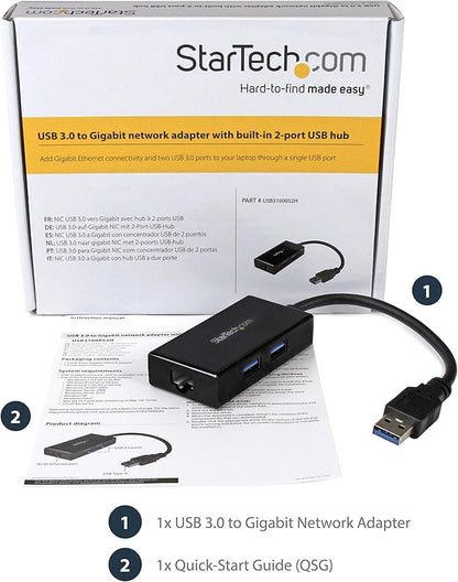 StarTech.com 2 Port USB 3.0 Hub with Ethernet - USB 3.0 x 2 - Gigabit Ethernet Network Adapter for Windows/Mac/Chrome (USB31000S2H) Black