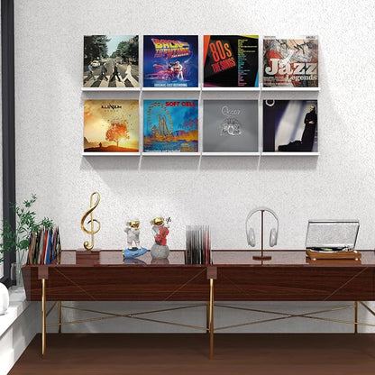 ILYXY Acrylic Vinyl Record Holder Wall Mount – 8 Pack 12-Inch Floating Vinyl Shelves, White Record Display Frames for LP Albums & Wall Decor