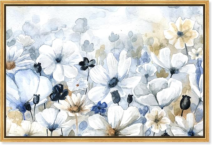 The Oliver Gal Artist Co. Floral and Botanical Wall Art Framed Canvas Prints 'Fields Flowers Home Décor, 24" x 16", Blue, White