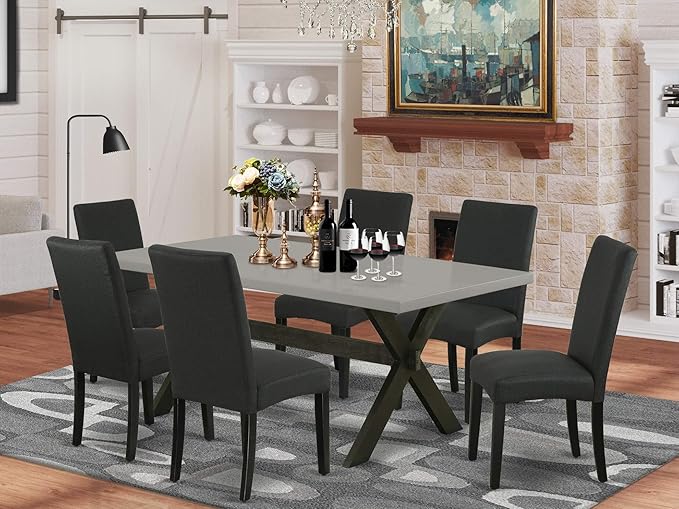 East West Furniture X697DR124-7 7 Piece Dinette Set Consist of a Rectangle Dining Room Table with X-Legs and 6 Black Color Linen Fabric Upholstered Parson Chairs, 40x72 Inch, Multi-Color
