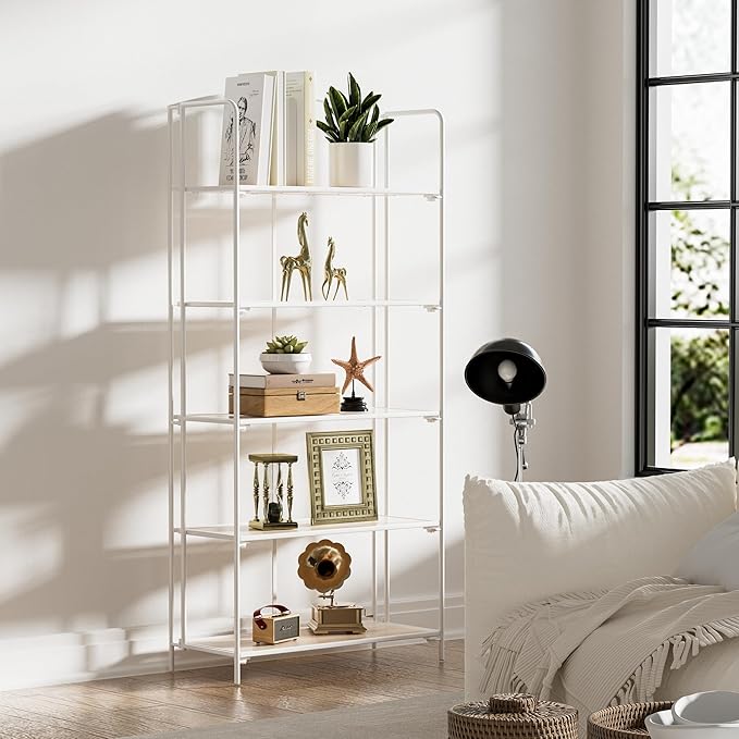 Crofy No Assembly Folding Bookshelf for Living Room, 5 Tier White Collapsible Book Shelf for Home Office, Portable Bookcase Storage Organizer