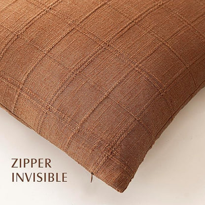 Foindtower Set of 2 Decorative Linen Check Throw Pillow Covers Neutral Farmhouse Vintage Cushion Covers Modern Boho Home Decor for Sofa Chair Couch Bedroom Living Room Outdoor,24×24 Inch,Orange