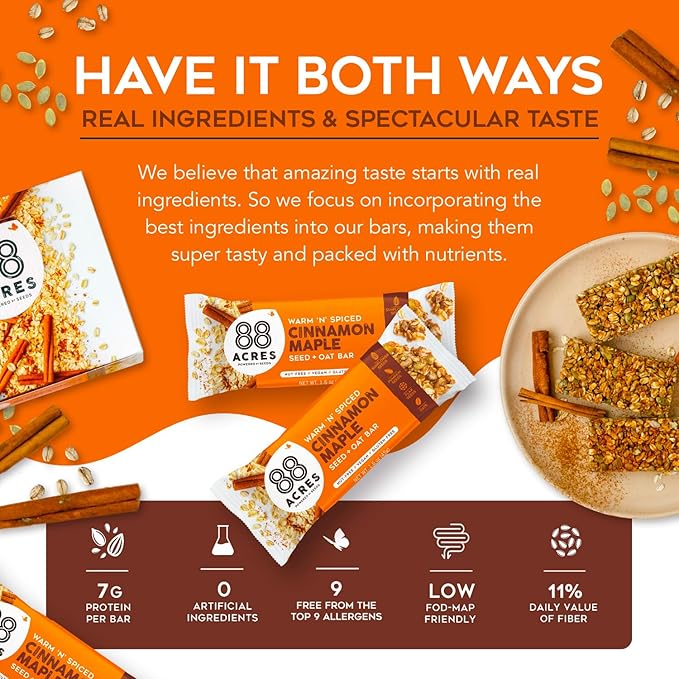 88 Acres Granola Bars | Cinnamon Maple | Gluten Free, Nut-Free Oat and Seed Snack Bar | Vegan & Non GMO | 12 Pack