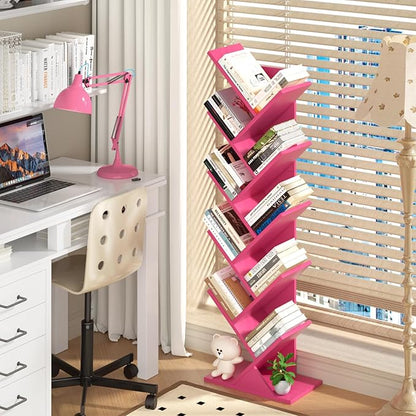 10 Tier Tree Book Shelf, Floor Standing Wood Bookshelf for Narrow Space, Storage Organizer Bookshelves for Books/CDs/Magazine, Bookcase with Shelves for Home Office, Living Room - Pink