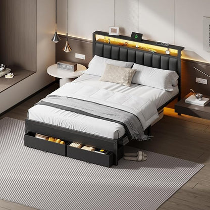 Furnulem Queen Bed Frame with Charging Station and LED Lights, Grey Upholstered Headboard with Shelves, Metal Platform Bed with 2 Under-Bed Storage (Fabric Drawer on Wheels), No Box Spring Needed