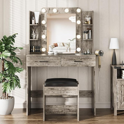 Vabches Vanity Desk with Mirror and Lights,Makeup Vanity Table with Charging Station,2 Drawer Bedroom Dressing Table with 3 Colors Modes Dimming & Cushioned Stool,Light Rustic Oak