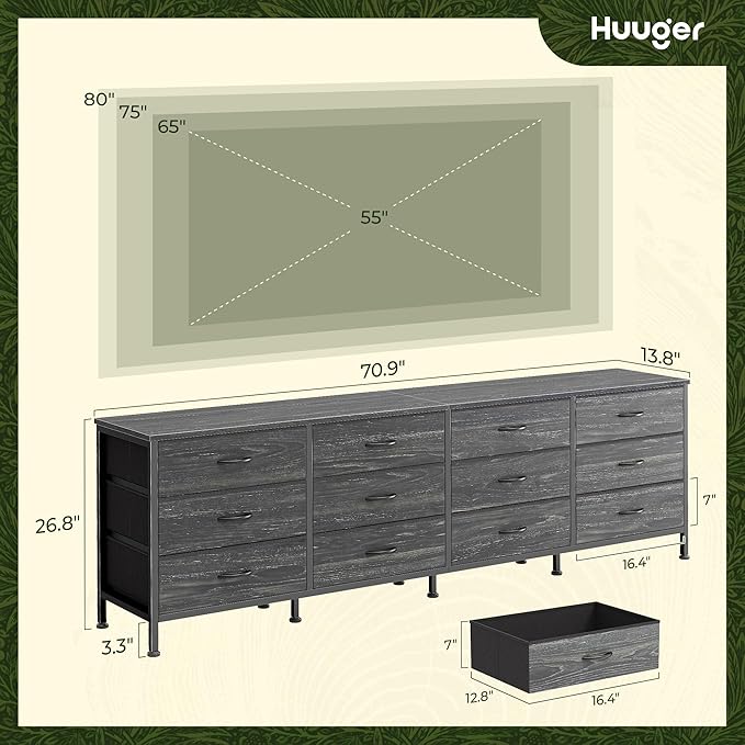 Huuger 70 Inch Dresser for Bedroom, TV Stand for 65, 75, 80 Inch TV,12 Fabric Drawer Long Dresser, Large Storage Organizer Unit, Chest of Drawer for Bedroom, Charcoal Black Wood Grain Print