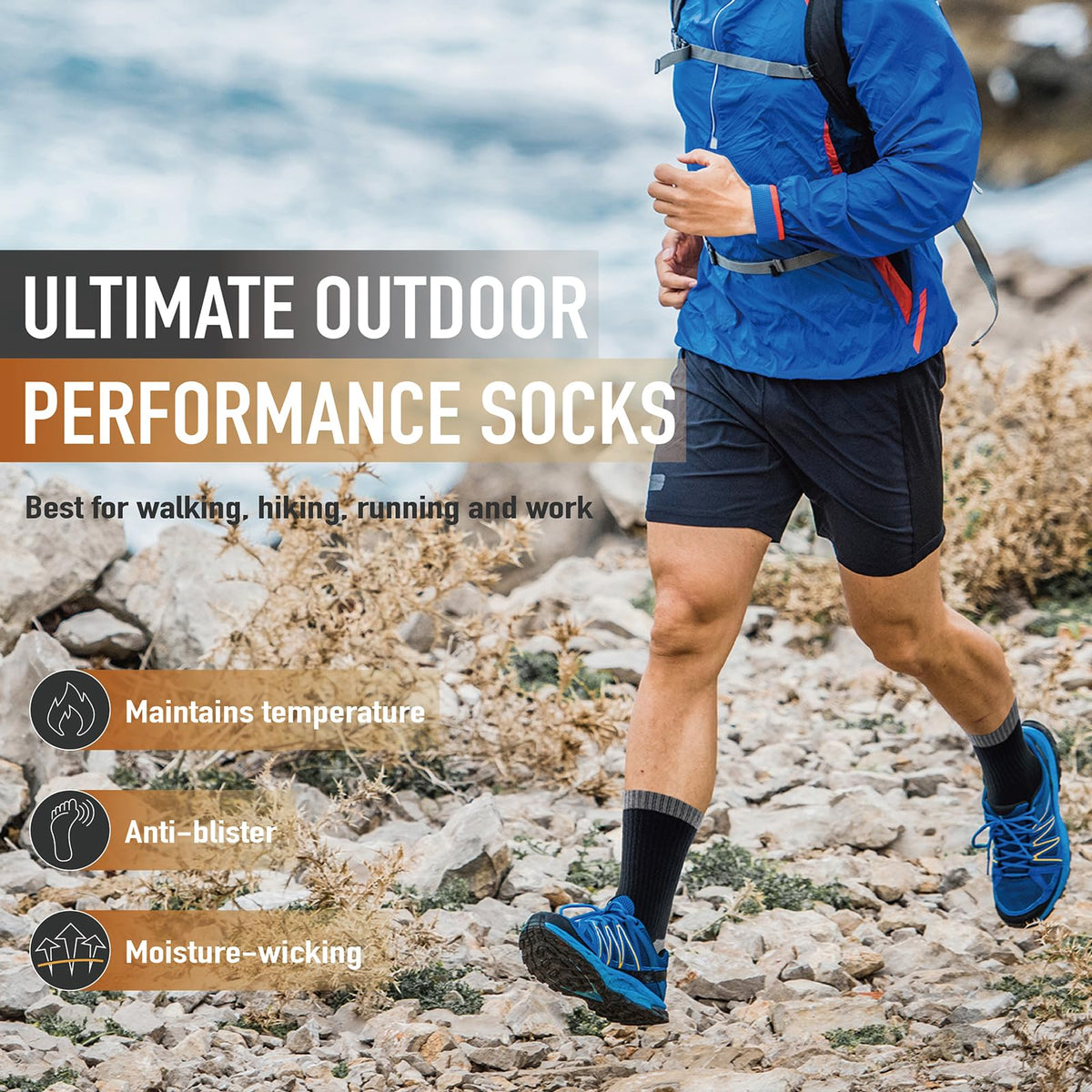 Niorasen Merino Wool Hiking Crew Socks for Men & Women, Thick Cushioned Anti-Blister, Moisture-Wicking, Seamless, 3 Pairs