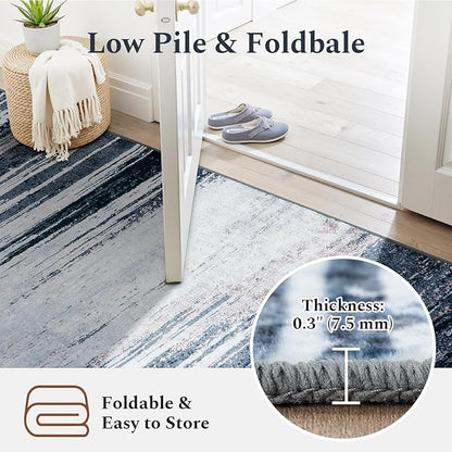 Rugflix 8x10 Large Area Rug for Living Room, Washable Low Pile Carpet Non Slip, Soft Stain Resistant Blue Grey Indoor Rug for Bedroom, Dining Room, Home Office