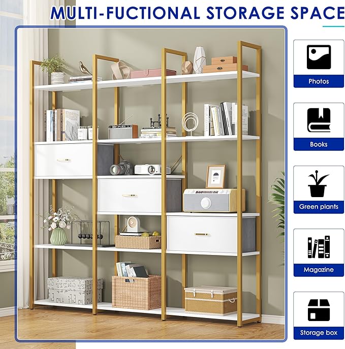 73.6" Tall Bookshelf with 3 Drawers and 16 Storage Shelves, Industrial Bookcase with 16 Open Display Shelves, Large Etagere Bookshelf, Triple Wide Book Shelf Book Case for Home & Office, Gold