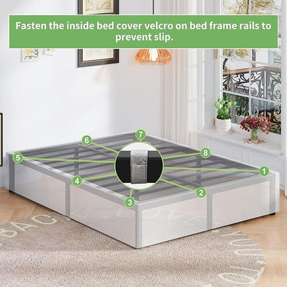 16 Inch Queen Bed Frame with White Skirt Cover, Metal Bed Frame Queen Size with Storage, No Box Spring Needed, Heavy Duty, Easy Assembly, Noise Free, Mattress Foundation