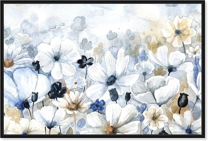The Oliver Gal Artist Co. Floral and Botanical Wall Art Framed Canvas Prints 'Fields Flowers Home Décor, 45" x 30", Blue, White